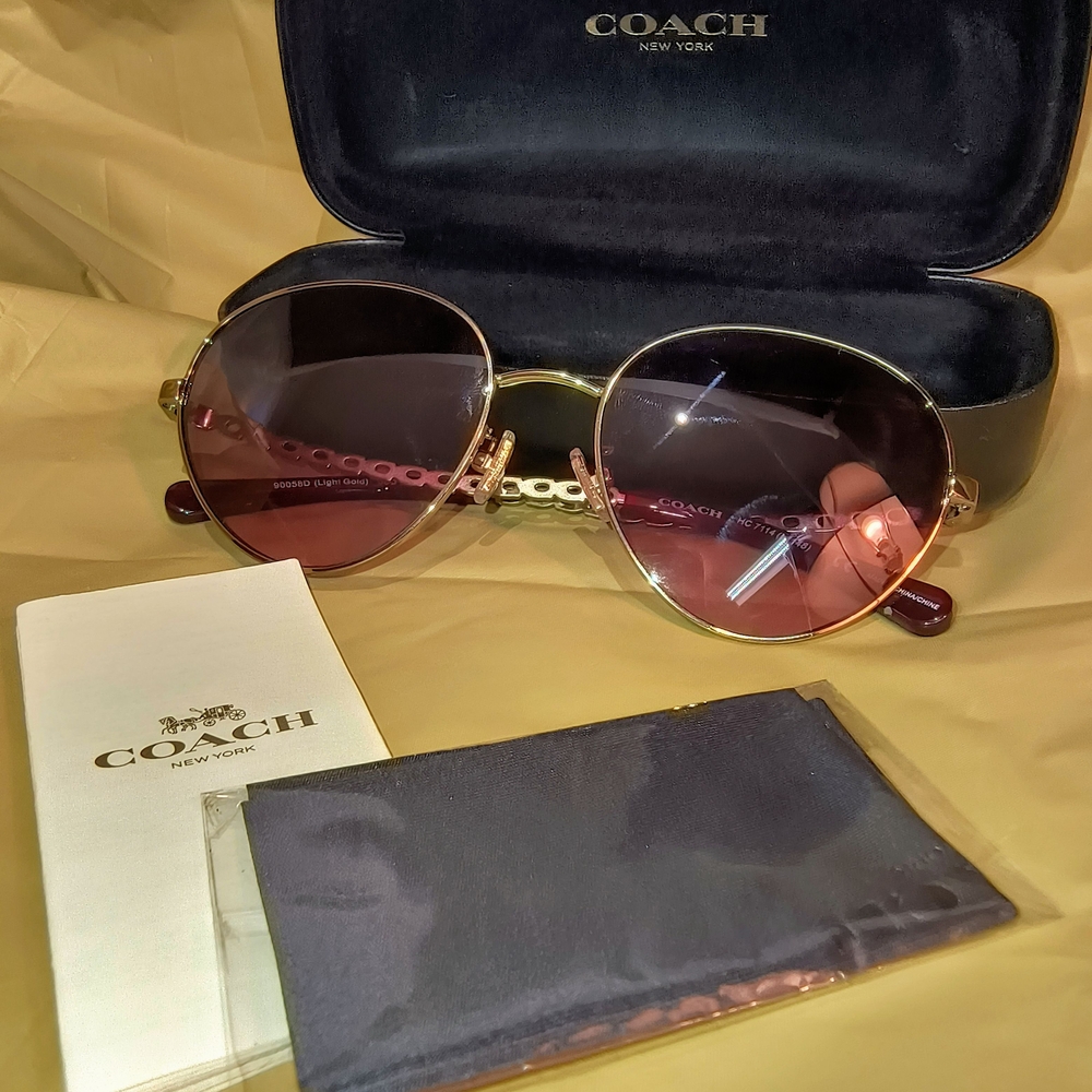 COACH Light‎ Gold & Reddish Brown Women's Aviator Sunglasses with Case (HC7114)